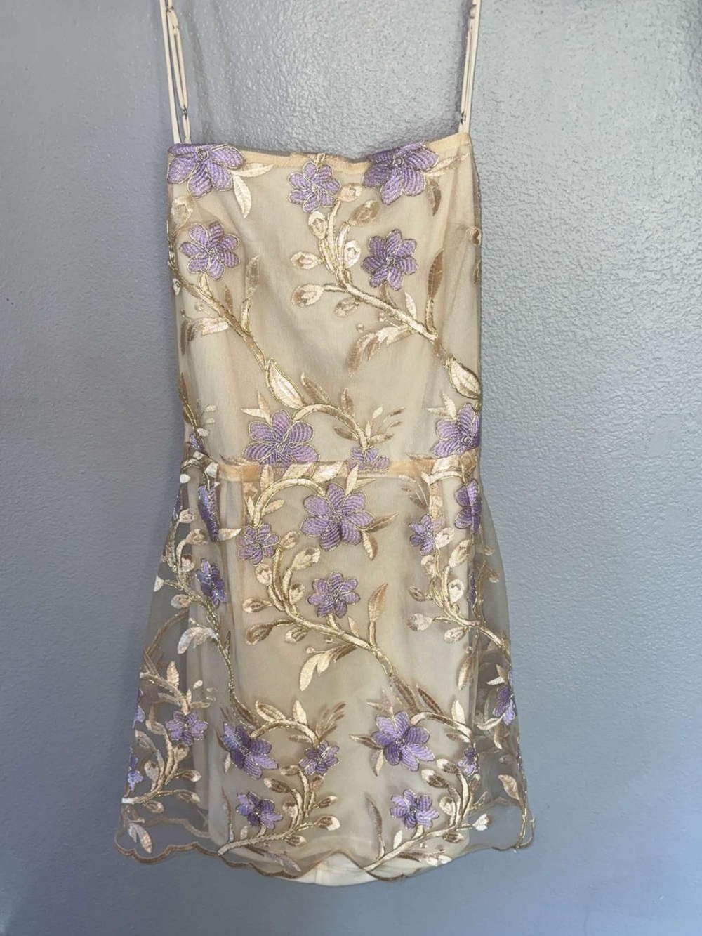 Lucy in the Sky Beige Dress with Lavender Floral Embroidery